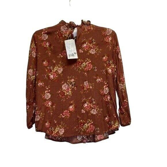 jolt Smocked Mock Neck floral tunic blouse sz S relaxed Long cuff sleeve pleated - Picture 1 of 7